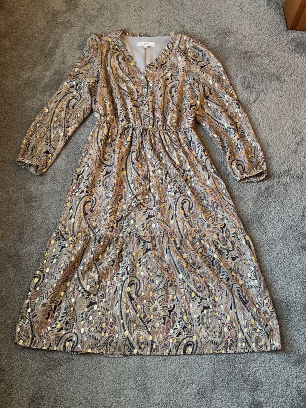 LOFT Beige Paisley Print Smocked Waist Midi Dress Petite SIZE MP